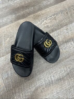 Gucci Black Leather Quilted Slide Sandals with Gold GG Emblem